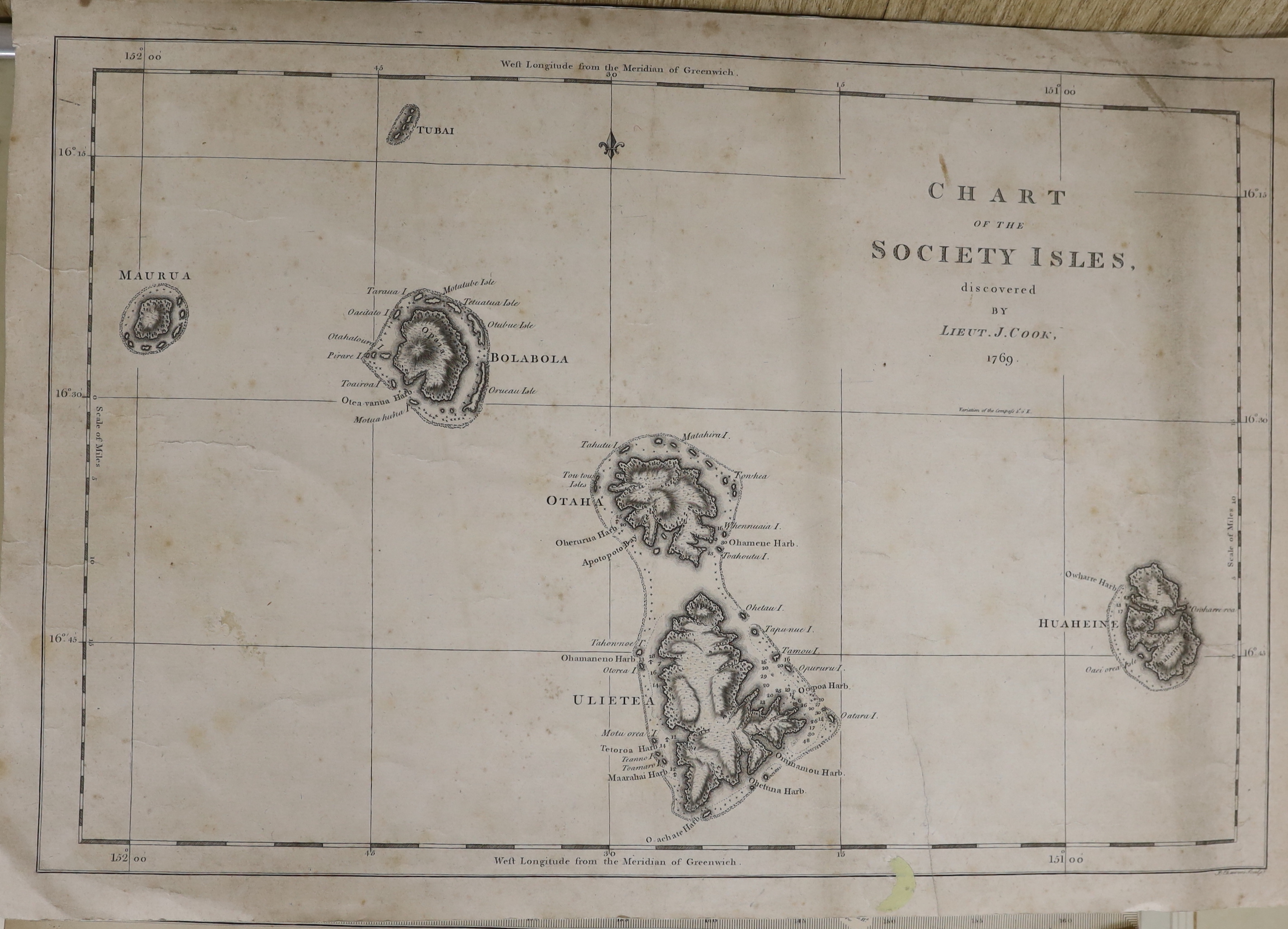 Collection of antique and later maps, mostly unframed to include, Persia & Arabia, publ. 1825, A & S Arrowsmith, Australia, engraved by FP Becker, hand coloured map of Taiwan and Chart of the Society Isles discovered by